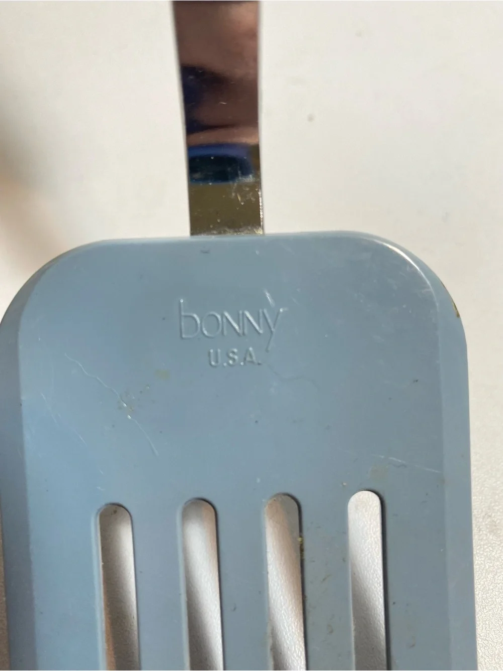 VTG Bonny USA Slotted Spatula Turner Blue Head White Plastic Handle Stainless